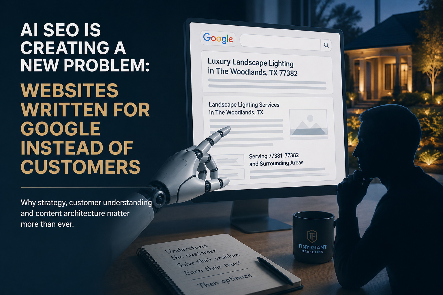 Robotic hand pointing at a Google search result page filled with location keywords while a business owner watches