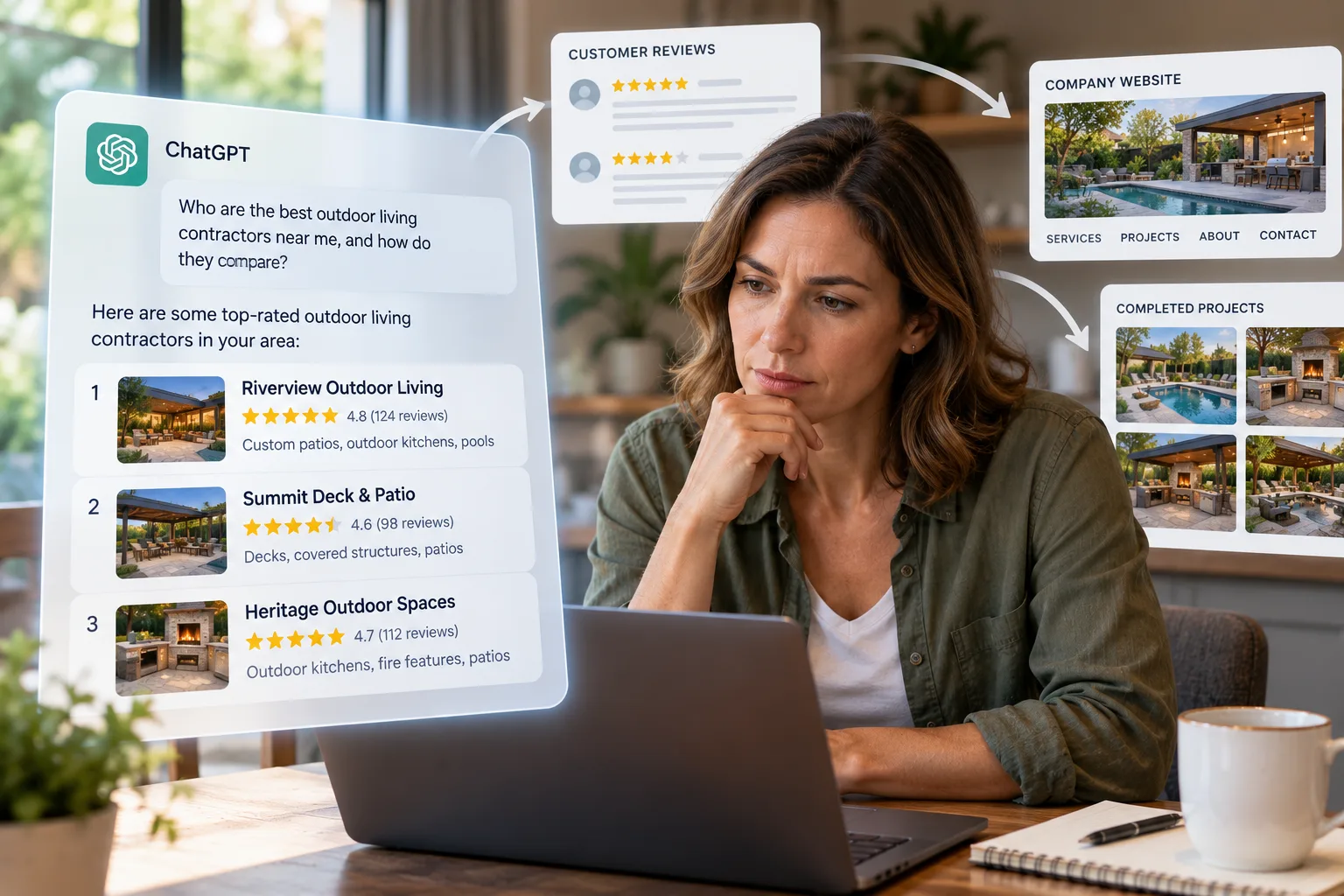 A homeowner at a laptop comparing AI-generated contractor recommendations with customer reviews, a company website and completed project photos