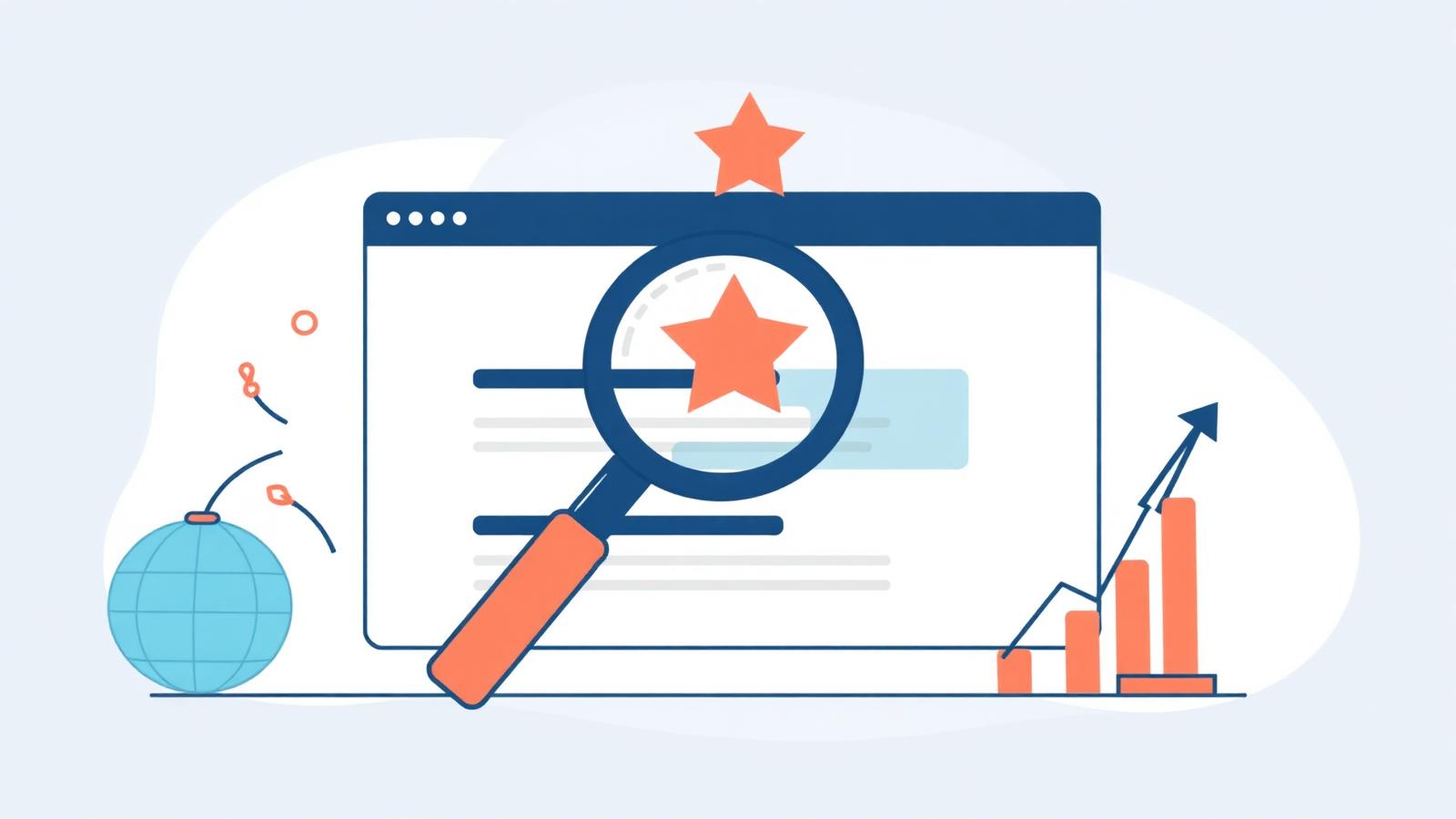 SEO results illustration with browser, magnifying glass, star ranking, and growth chart