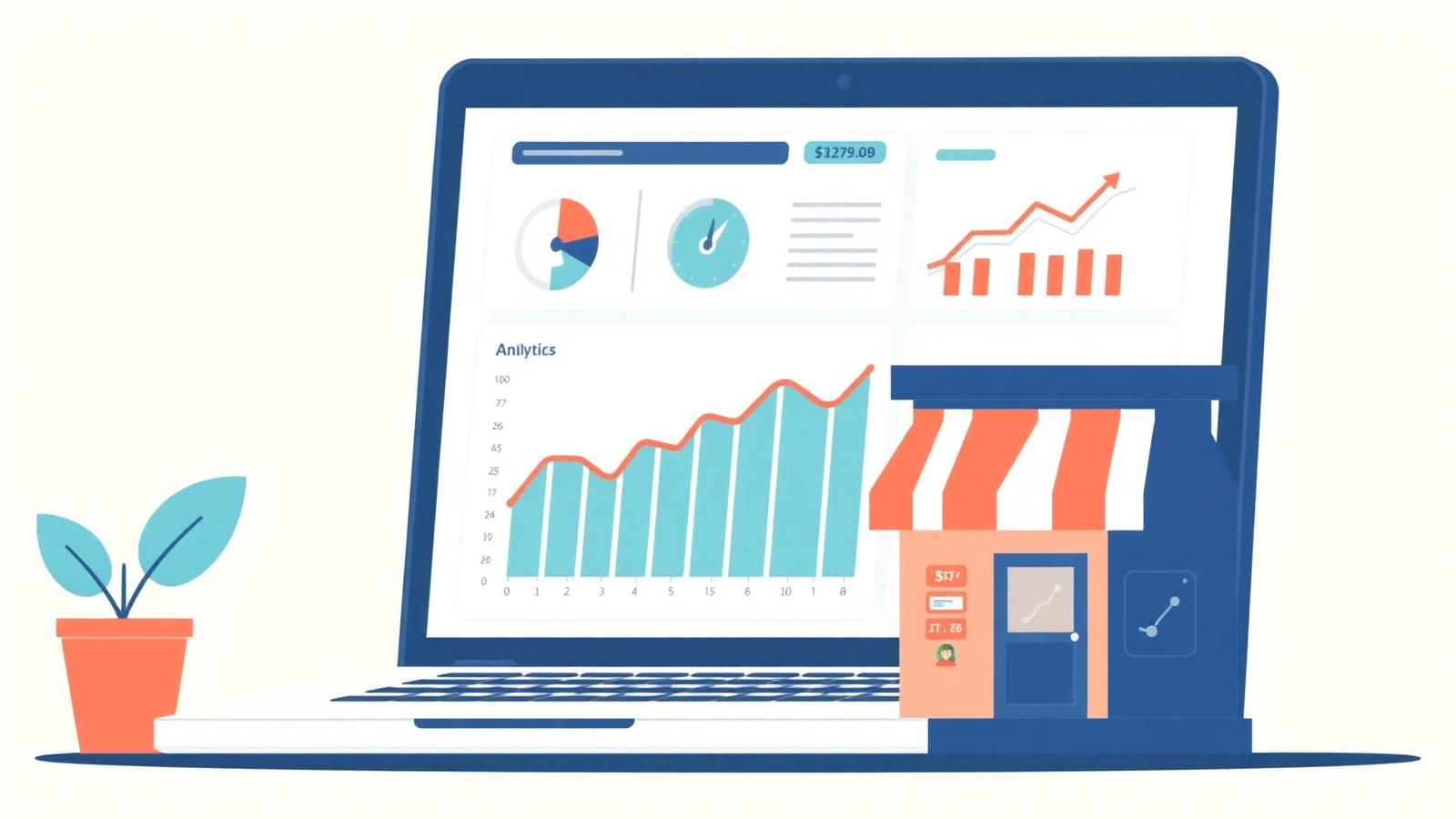 Laptop showing analytics dashboard next to a small storefront illustration