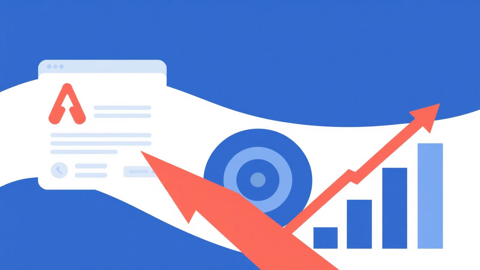 Google Ads illustration with sponsored search result, target, and rising conversion chart