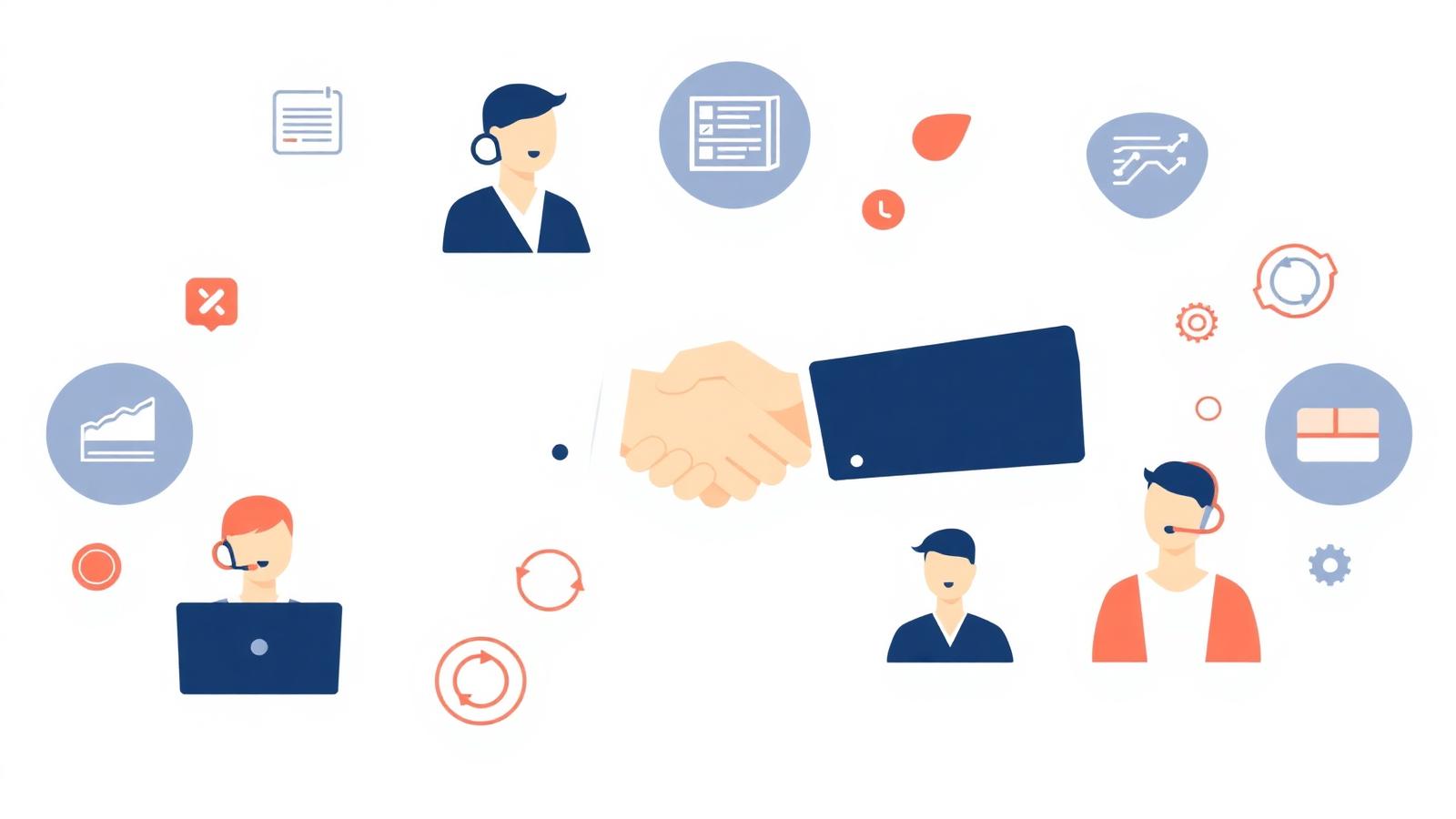 Handshake between business owner and marketing agency team with SEO and analytics icons