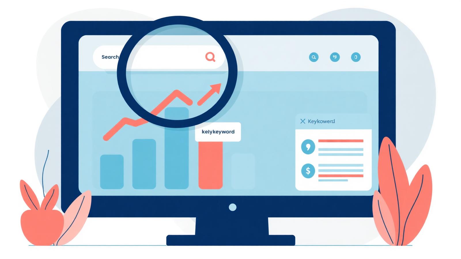 SEO illustration with magnifying glass, search bar, ranking chart, and keyword tags