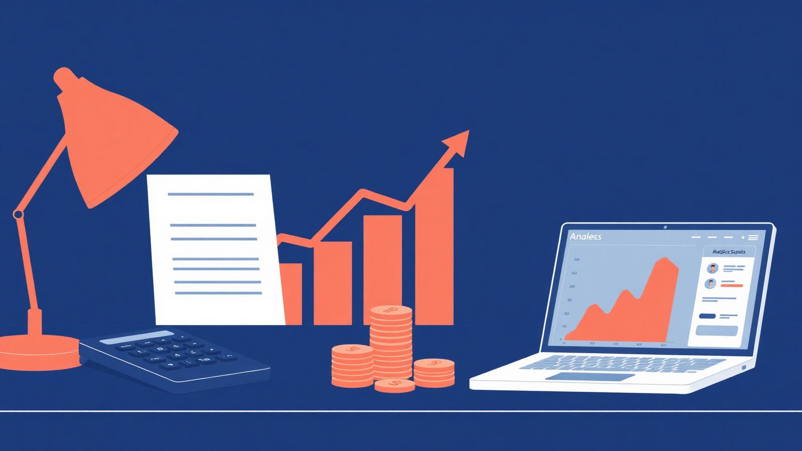 Digital marketing budget planning with calculator, growth chart, and analytics dashboard
