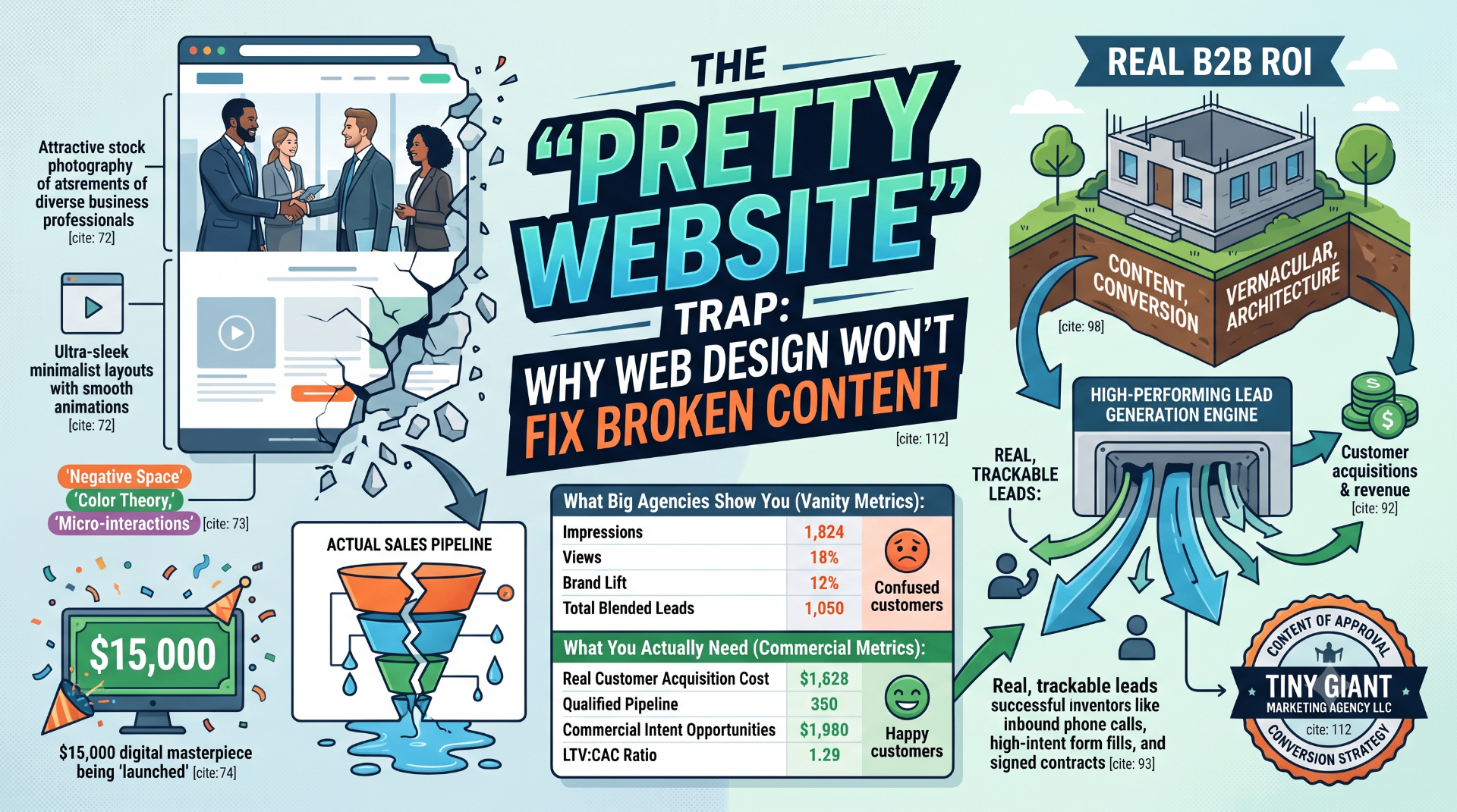 Infographic contrasting a flashy 'pretty website' with vanity metrics against a real B2B ROI lead-generation engine built on content, vernacular, and conversion architecture