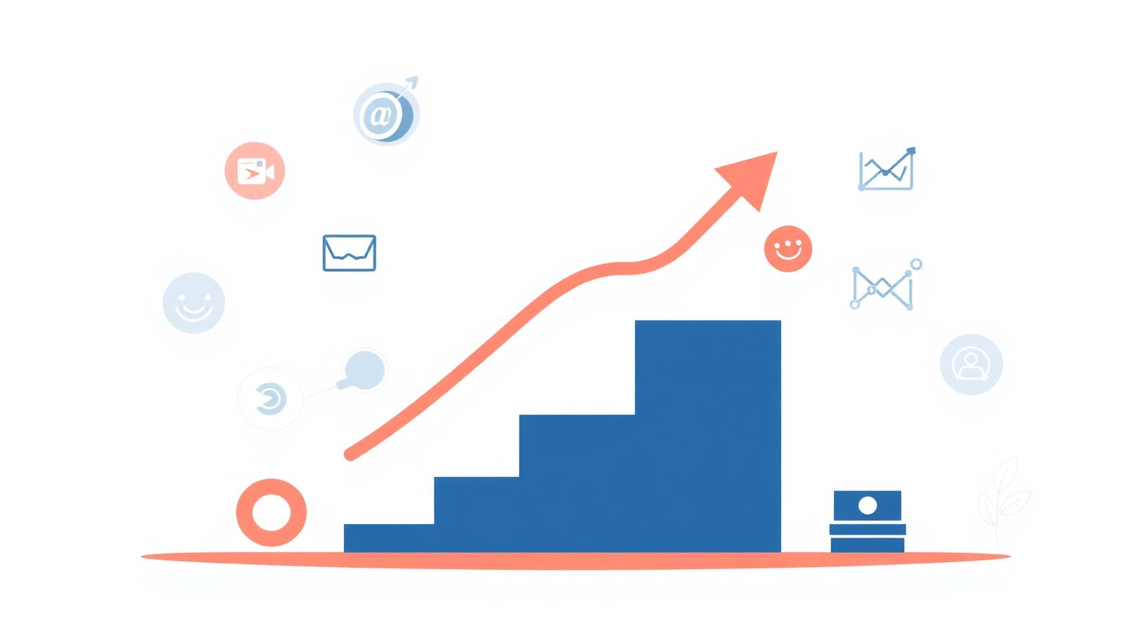 Stair-step growth chart with rising arrow and digital marketing channel icons