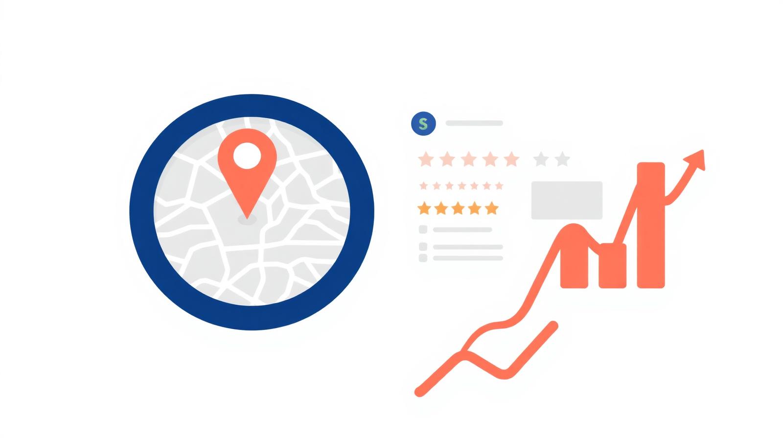 Map pin on a city map with star reviews and growth chart representing local SEO and Google