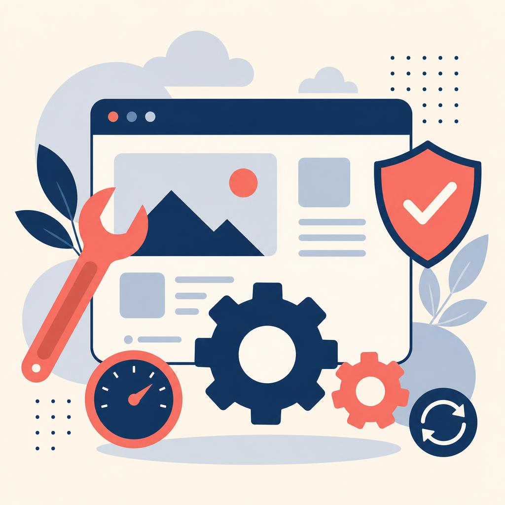 Illustration of a website browser with gears, wrench, speedometer, and security shield representing ongoing website maintenance