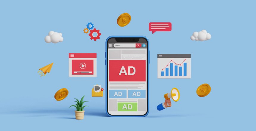 Online advertising on social media. PPC ad campaign. Targeted inbound ad. 3D digital marketing with programmatic social network advertising. Smartphone advertising